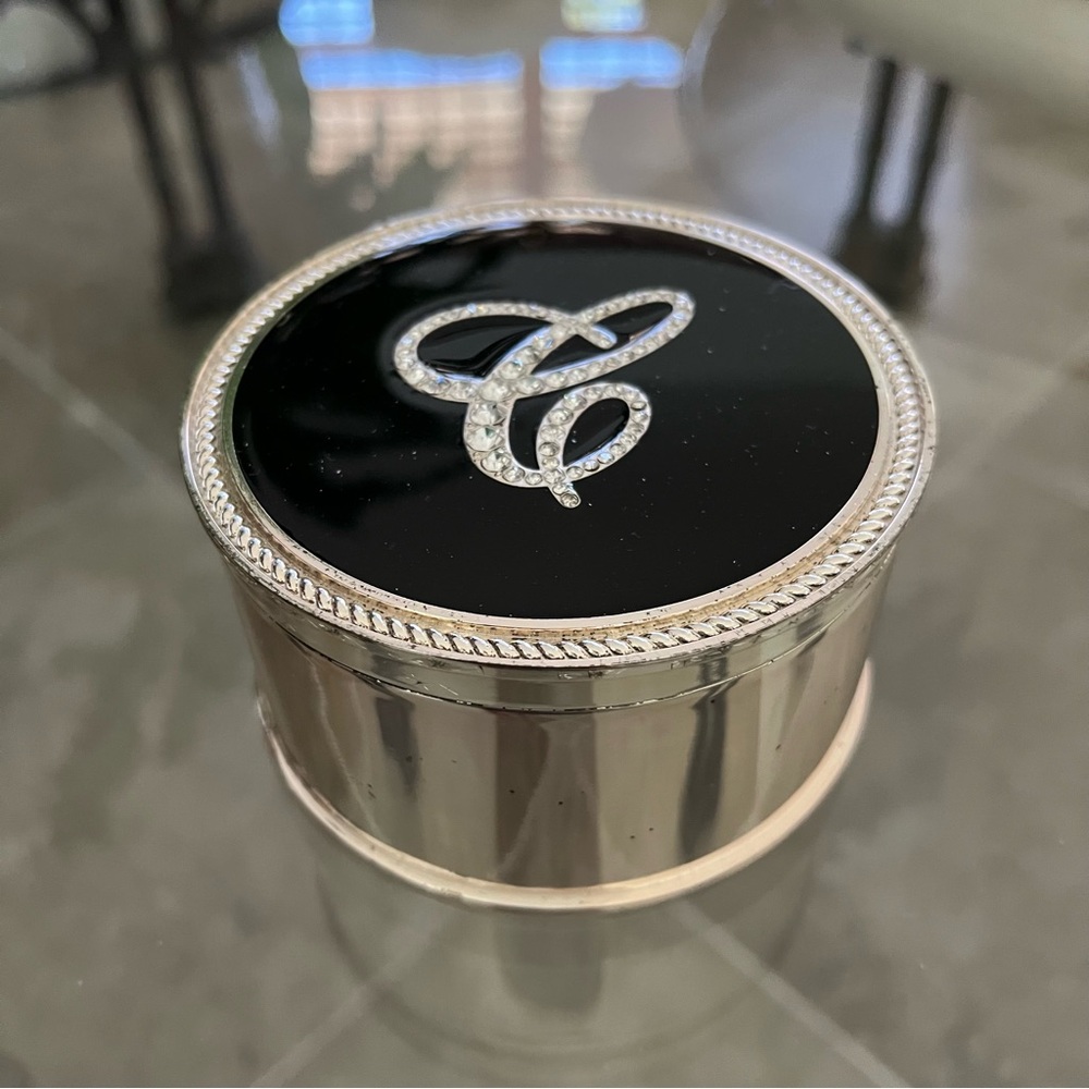 Jewelry Keeper Trinket Box Silver Black Enamel and a Crystal letter C monogram